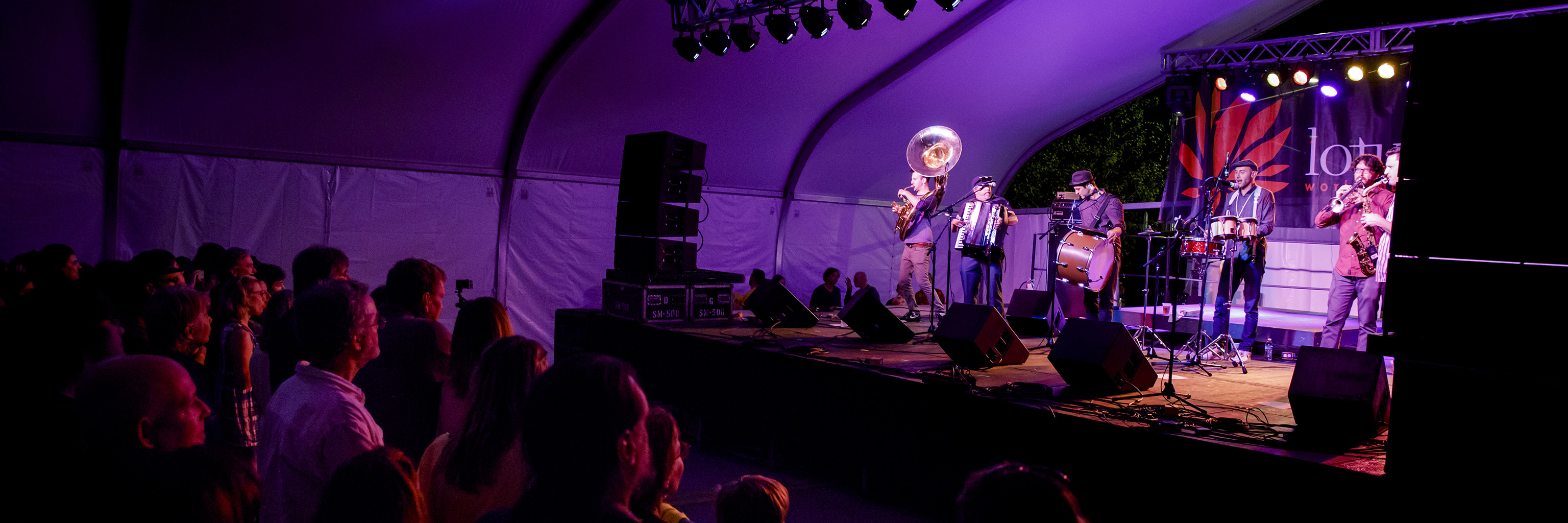 乐队在莲花世界音乐节舞台上表演