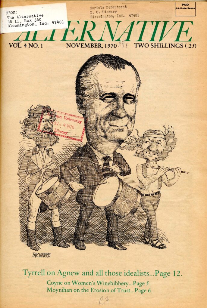 从1970年11月《选择》杂志的封面显示卡通绘画的副总统斯皮罗•阿格纽玩鼓与两个嬉皮士。