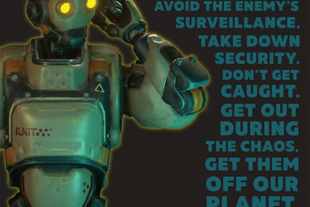 机器人的插图文字:违反空间。进入基地。避免敌人的监测。取下安全。不要让她的老公知道。在cahos出去。让他们从我们的地球。入侵破坏逃跑。