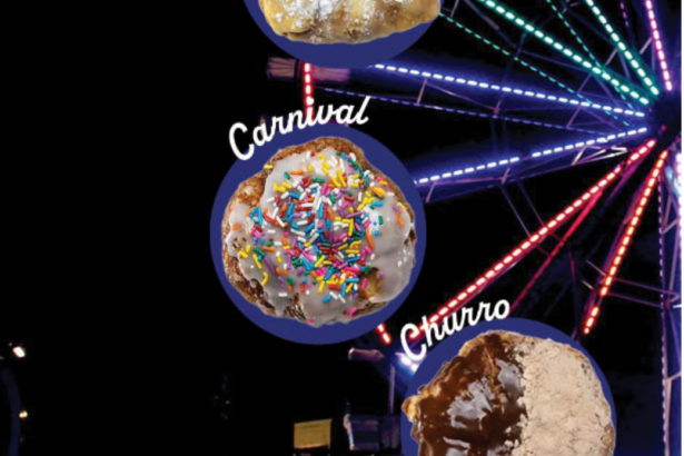 广告展示了一个摩天轮在夜空。骑了柠檬水,狂欢节和油炸饼甜甜圈的车。文字:因为他感受到的。