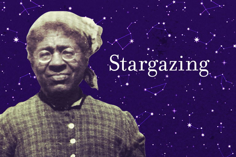 Lizzie Breckenridge，一位非洲裔美国中年妇女，以星星和“观星”字样为背景。