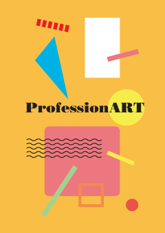抽象的、彩色的形象黄色背景上的“ProfessionART”一词周围环绕着弯曲的线条、三角形和方框。